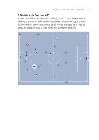 87
7. Situaciones de “gol – no gol”
Si se ha marcado un gol y no existe duda alguna en cuanto a la decisión, el
árbitro y el árbitro asistente deberán establecer contacto visual, y el árbitro
asistente deberá correr rápidamente 25-30 metros a lo largo de la línea de
banda en dirección hacia la línea media, sin levantar su banderín.
REGLA 6 – LOS ÁRBITROS ASISTENTES
 