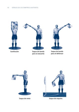 92 SEÑALES DE LOS ÁRBITROS ASISTENTES
Saque de esquina
Sustitución Saque de banda
para el atacante
Saque de banda
para el defensor
Saque de meta
 