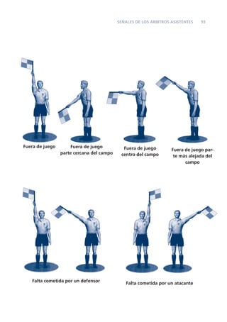 93SEÑALES DE LOS ÁRBITROS ASISTENTES
Falta cometida por un defensor
Fuera de juego Fuera de juego
parte cercana del campo
Fuera de juego
centro del campo
Fuera de juego par-
te más alejada del
campo
Falta cometida por un atacante
 