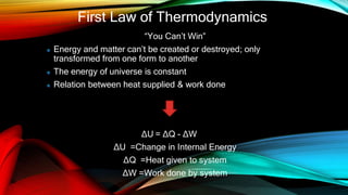 First Law of Thermodynamics
“You Can’t Win”
Energy and matter can’t be created or destroyed; only
transformed from one form to another
The energy of universe is constant
Relation between heat supplied & work done
∆U = ∆Q - ∆W
∆U =Change in Internal Energy
∆Q =Heat given to system
∆W =Work done by system
 