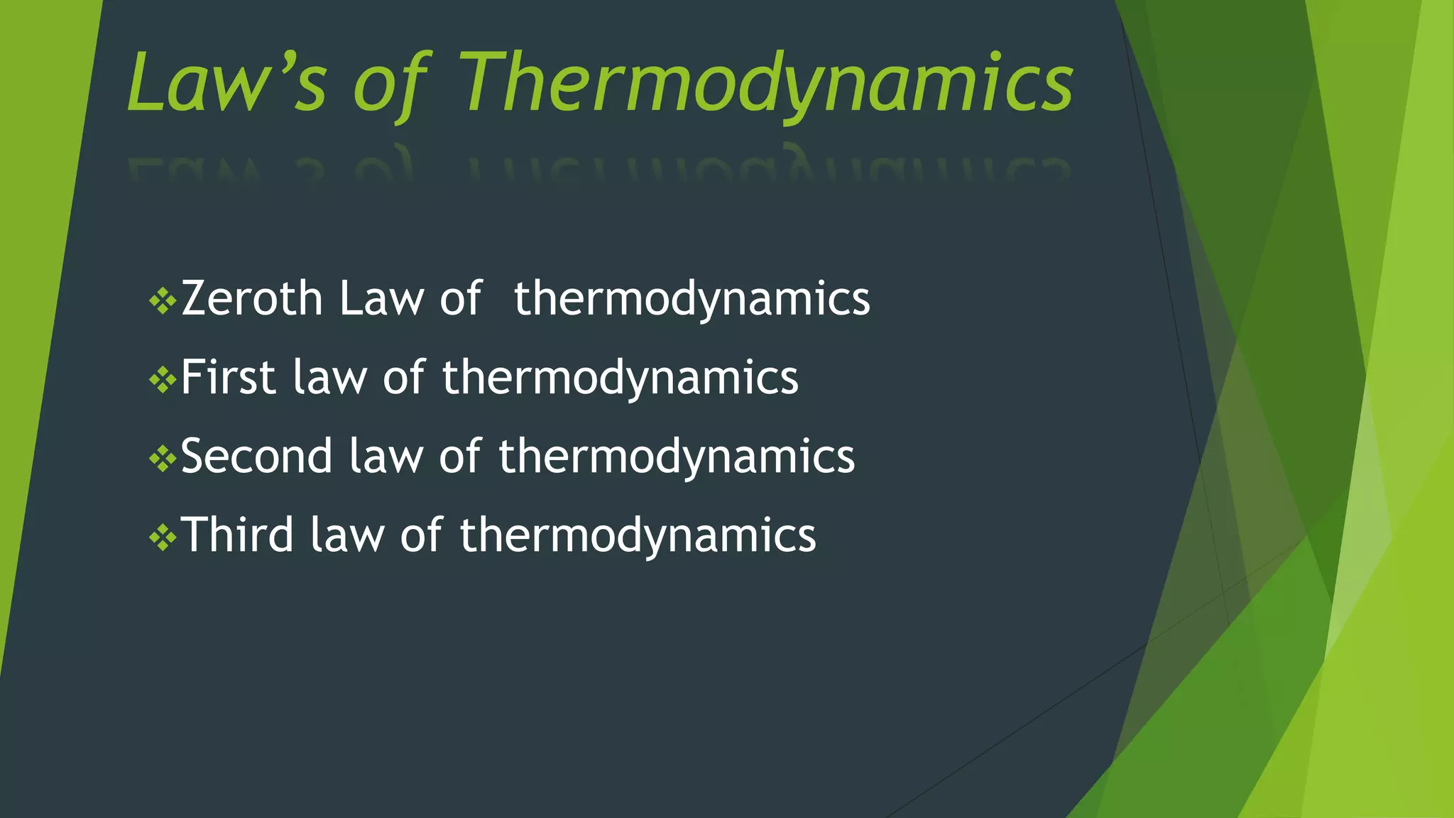 Law’s of Thermodynamics
Zeroth Law of thermodynamics
First law of thermodynamics
Second law of thermodynamics
Third law of thermodynamics