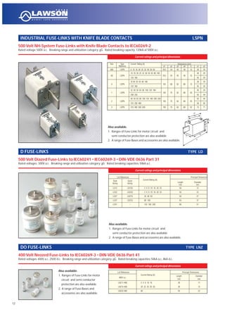 12
Size Type Current Rating (A) Dimensions (mm)
Reference a1 a2 a3 a4 b e1 e2
000 LSPN 6 10 16 20 25 32 40 50 63 78.5 54 45 49 15 39 29
10 16 20 25 32 40 50 63 80 100 38 29
00 LSPN 78.5 54 45 49 15
125 160 45 29
32 40 50 63 80 100 38 29
0 LSPN 125 68 62 68 15
125 160 45 29
32 40 50 63 80 100 125 160 45 29
1 LSPN 135 75 62 68 20
200 250 50 44
40 50 63 80 100 125 160 200 250 50 44
2 LSPN 150 75 62 68 25
315 250 400 58 50
3 LSPN 315 400 500 630 150 75 62 68 32 73 71
a4
a3
e2
b
e1
a2
a1
List References Principal Dimensions
Slow Quick Current Rating (A)
Acting Acting Length Diameter
mm mm
LD12 LD12Q 2 4 6 10 16 20 25 50 12
LD22 LD22Q 2 4 6 10 16 20 25 50 22
LD27 LD27Q 35 40 63 50 27
LD37 LD37Q 80 100 63 37
LD51 – 125 160 200 66 51
List References Principal Dimensions
Current Rating (A)
Length Diameter
400V a.c.
mm mm
LNZ11-400 2 4 6 10 16 36 11
LNZ15-400 20 25 35 50 63 36 15
LNZ22-400 80 43 22
Also available.
1. Ranges of Fuse-Links for motor circuit and
semi conductor protection are also available
2. A range of Fuse-Bases and accessories are also available.
Also available.
1. Ranges of Fuse-Links for motor circuit and
semi conductor protection are also available
2. A range of Fuse-Bases and accessories are also available.
Also available.
1. Ranges of Fuse-Links for motor
circuit and semi conductor
protection are also available
2. A range of Fuse-Bases and
accessories are also available.
500 Volt NH-System Fuse-Links with Knife Blade Contacts to IEC60269-2
Rated voltage: 500V a.c. Breaking range and utilization category: gG Rated breaking capacity: 120kA at 500V a.c.
INDUSTRIAL FUSE-LINKS WITH KNIFE BLADE CONTACTS LSPN
Current ratings and principal dimensions
500 Volt Diazed Fuse-Links to IEC60241 • IEC60269-3 • DIN-VDE 0636 Part 31
Rated voltages: 500V a.c. Breaking range and utilization category: gG Rated breaking capacities: 50kA a.c.
D FUSE-LINKS TYPE LD
Current ratings and principal dimensions
400 Volt Neozed Fuse-Links to IEC60269-3 • DIN-VDE 0636 Part 41
Rated voltages: 400V a.c., 250V d.c. Breaking range and utilization category: gG Rated breaking capacities: 50kA a.c., 8kA d.c.
DO FUSE-LINKS TYPE LNZ
Current ratings and principal dimensions
 
