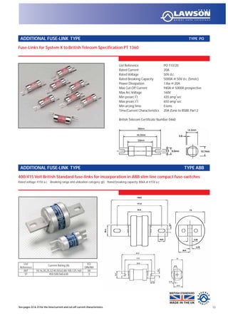 ADDITIONAL FUSE-LINK TYPE TYPE PO
13
Fuse-Links for System X to British Telecom Specification PT 1360
ADDITIONAL FUSE-LINK TYPE TYPE ABB
400/415 Volt British Standard fuse-links for incorporation in ABB slim line compact fuse-switches
Rated voltage: 415V a.c. Breaking range and utilization category: gG Rated breaking capacity: 80kA at 415V a.c.
List Reference PO 113/20
Rated Current 20A
Rated Voltage 50V d.c.
Rated Breaking Capacity 5000A @ 50V d.c. (5mstc)
Power Dissipation 1.8w @ 20A
Max Cut Off Current 940A @ 5000A prospective
Max Arc Voltage 160V
Min prearc I
2
t 420 amp
2
sec
Max prearc I
2
t 650 amp
2
sec
Min arcing time 0.6ms
Time/Current Characteristics 20A Zone to BS88: Part 2
British Telecom Certificate Number 0460
See pages 22 & 23 for the time/current and cut-off current characteristics.
List
Current Rating (A)
EQ
Reference DIN/NH
00T 10,16,20,25,32,40,50,63,80,100,125,160 00
3T 450,500,560,630 3
 