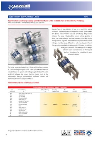 400/415 Volt Electricity Supply Distribution Fuse-Links to BS88: Part 5 •IEC60269-2 Pending
Rated voltage: 415V a.c. Rated breaking capacity: 80kA at 415V a.c.
ELECTRICITY SUPPLY FUSE-LINKS TYPE J
Lawson Type “J” fuse-links are for use in a.c. electricity supply
networks. They are installed in distribution boards, feeder pillars,
link boxes, pole mounted cut-outs and heavy duty service
intakes. The range includes all the current ratings specified in
BS88: Part 5 for fuse-links with the standard 82mm and 92mm
fixing centres, together with additional non-specified current
ratings. A similar range of fuse-links with non-standard 76mm
fixing centres is available in ratings up to 315 Amps. In addition,
a range of cylindrical fuse-links up to 315 Amps,
with the same characteristics as the tagged
pattern, is available for installation in pole
mounted cut-outs.
14
Performance Data - Electricity Supply Fuse-Links
List Current Rating Voltage Rating Breaking BS IEC Carton
Reference (A) (V) Capacity (kA) Standard Standard Quantity
JPU 20,32,40,50,63,80,100,125 5
JPU 160,200,250 5
JPU 315,355,400 5
JPU 450,500,560,630 1
JSU 20,32,40,50,63 5
JSU 80,100,125,160,200 5
JSU 250,315,355,400 5
JSU 450,500,560,630 415a.c. 80kA a.c. BS88: Part 5 60269-2 1
JSU 800 (Pending) 1
JHU 20,32,40,50,63 5
JHU 80,100,125,160 5
JHU 200,250,315 5
JF 20,32,40,50,63,80 5
JF 100,125,160,200 5
JF 250,315 5
Performance Data and Product Detail
See page 26 for the time/current and cut-off current characteristics.
The range has a rated voltage of 415V a.c. and has been certified
at a test recovery voltage of 110%.These fuse-links are therefore
suitable for use on systems with voltages up to 457V a.c.The rated
and test voltages also ensure that the range meet all the
transitional voltage requirements specified within the
harmonised nominal voltage of 400V a.c.
 