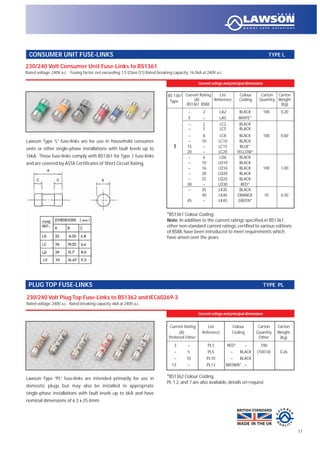 Current Rating List Colour Carton Carton
(A) Reference Coding Quantity Weight
Preferred Other Other (Kg)
3 – PL3 RED* – 100
– 5 PL5 – BLACK (10X10) 0.26
– 10 PL10 – BLACK
13 – PL13 BROWN* –
BS 1361 Current Rating List Colour Carton Carton
Type (A) Reference Coding Quantity Weight
BS1361 BS88 (Kg)
– 2 LA2 BLACK 100 0.20
5 – LA5 WHITE*
– 2 LC2 BLACK
– 5 LC5 BLACK
– 8 LC8 BLACK 100 0.60
– 10 LC10 BLACK
I 15 – LC15 BLUE*
20 – LC20 YELLOW*
– 6 LD6 BLACK
– 10 LD10 BLACK
– 16 LD16 BLACK 100 1.00
– 20 LD20 BLACK
– 25 LD25 BLACK
30 – LD30 RED*
– 35 LK35 BLACK
40 LK40 ORANGE 10 0.20
45 – LK45 GREEN*
Lawson Type “PL” fuse-links are intended primarily for use in
domestic plugs but may also be installed in appropriate
single-phase installations with fault levels up to 6kA and have
nominal dimensions of 6.3 x 25.4mm.
Lawson Type “L” fuse-links are for use in household consumer
units or other single-phase installations with fault levels up to
16kA. These fuse-links comply with BS1361 for Type 1 fuse-links
and are covered by ASTA Certificates of Short Circuit Rating.
Current ratings and principal dimensions
PLUG TOP FUSE-LINKS TYPE PL
230/240 Volt Plug Top Fuse-Links to BS1362 and IEC60269-3
Rated voltage:240V a.c. Rated breaking capacity:6kA at 240V a.c.
CONSUMER UNIT FUSE-LINKS TYPE L
230/240 Volt Consumer Unit Fuse-Links to BS1361
Rated voltage: 240V a.c. Fusing factor: not exceeding 1.5 (Class Q1) Rated breaking capacity: 16.5kA at 240V a.c.
Current ratings and principal dimensions
17
*BS1361 Colour Coding
Note: In addition to the current ratings specified in BS1361,
other non-standard current ratings, certified to various editions
of BS88, have been introduced to meet requirements which
have arisen over the years.
*BS1362 Colour Coding
PL 1,2, and 7 are also avaliable, details on request
 