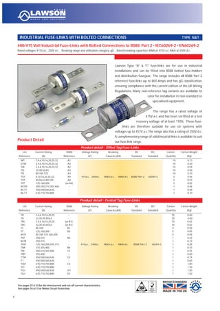 400/415 Volt Industrial Fuse-Links with Bolted Connections to BS88: Part 2 • IEC60269-2 • EN60269-2
Rated voltages: 415V a.c., 250V d.c. Breaking range and utilization category: gG Rated breaking capacities: 80kA at 415V a.c, 40kA at 250V d.c.
INDUSTRIAL FUSE-LINKS WITH BOLTED CONNECTIONS TYPE N&T
4
Lawson Type “N” & “T” fuse-links are for use in industrial
installations and can be fitted into BS88 bolted fuse-holders
and distribution fusegear. The range includes all BS88: Part 2
reference fuse-links up to 800 Amps and has gG classification,
ensuring compliance with the current edition of the UK Wiring
Regulations. Many non-reference tag variants are available to
cater for installation in non-standard or
specialised equipment.
The range has a rated voltage of
415V a.c. and has been certified at a test
recovery voltage of at least 110%. These fuse-
links are therefore suitable for use on systems with
voltages up to 457V a.c.The range also has a rating of 250V d.c.
A complementary range of solid/neutral links is available to suit
our fuse-link range.
Product detail - Offset Tag Fuse-Links
List Current Rating BS88 Voltage Rating Breaking BS IEC Carton Carton Weight
Reference (A) Reference (V) Capacity (kA) Standard Standard Quantity (Kg)
NIT 2,4,6,10,16,20,25,32 A1 10 0.13
GTIA 2,4,6,10,16,20,25,32 A2 10 0.20
TIA 2,4,6,10,16,20,25,32 A2 10 0.54
TIS 35,40,50,63, A3 10 0.58
TIS 80,100,125 A3 10 0.70
TCP 6,10,16,20,25,32, A4 415a.c. 240d.c. 80kA-a.c. 40kA-d.c. BS88: Part 2 60269-2 5 0.46
TCP 40,50,63,80,100 A4 5 0.52
TFP 125,160,200 (as A4) 5 0.82
85TM 200,250,315,355,400 - 1 0.46
86 TT 450,500,560,630, - 1 0.58
86 TT 670,710,750,800 - 1 0.70
Product detail - Central Tag Fuse-Links
List Current Rating BS88 Voltage Rating Breaking BS IEC Carton Carton Weight
Reference (A) Reference (V) Capacity (kA) Standard Standard Quantity (Kg)
TB 2,4,6,10,16,20,25, - 10 0.60
TB 32,35,40,50,63 - 10 0.60
TBC 2,4,6,10,16,20,25, (as B1) 10 0.62
TBC 32,35,40,50,63 (as B1) 10 0.62
TC 80,100 B1 5 0.58
TF 125,160,200 B2 5 0.85
84TF 80,100,125,160,200 - 5 0.94
TKF 250,315 B3 1 0.23
84TK 250,315 - 1 0.23
TKM 125,160,200,250,315 - 415a.c. 240d.c. 80kA-a.c. 40kA-d.c. BS88: Part 2 60269-2 1 0.28
TMF 315,355,400 B4 1 0.43
TM 250,315,355,400 C1 1 0.55
TMT 355,400 - 1 0.60
TTM 450,500,560,630 C2 1 0.74
TT 450,500,560,630 - 1 0.60
TLM 670,710,750,800 C3 1 1.00
TLT 670,710,750,800 - 1 1.30
TLU 450,500,560,630 D1 1 1.50
TLU 670,710,750,800 D1 1 1.50
Product Detail
See pages 22 & 23 for the time/current and cut-off current characteristics.
See pages 10 &11 for Motor Circuit Protection.
 