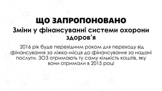 ЩО ЗАПРОПОНОВАНО
Зміни у фінансуванні системи охорони
здоров’я
2016 рік буде перехідним роком для переходу від
фінансування за ліжко-місця до фінансування за надані
послуги. ЗОЗ отримають ту саму кількість коштів, яку
вони отримали в 2015 році
 