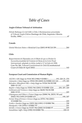 Table of Cases 
Anglo–Chilean Tribunal of Arbitration 
Nitrate Railways Co Ltd (UK) v Chile, 2 Reclamaciones presentadas 
al Tribunal Anglo-Chileno (Santiago de Chile, Imprenta i libreria 
Ercilla, 1896) ..................................................................................................47 
Canada 
United Mexican States v Metalclad Corp (2001) 89 BCLR 359......................260 
Chile 
Requerimiento de Diputados con el Objeto de que se Declare la 
Inconstitucionalidad del Estatuto de Roma de la Corte Penal 
Internacional, adoptado en dicha ciudad et 17 de Julio de 1998, 
Case No 346, Tribunal Constitutional de Chile) (Constitutional 
Court of Chile) (8 April 2002) ...................................................................143 
European Court and Commission of Human Rights 
AGOSI v UK (App no 9118/80) (1986) 9 EHRR 1.................193, 220–21, 274 
Antonetto v Italy (App no 15918/89) (2003) 36 EHRR (10) 120 .........179, 205 
Belvedere Alberghiera SRL v Italy (App no 31524/96) ECHR 
2000–VI 135..................................................................................................205 
Beyeler v Italy (App no 33202/96) (2001) 33 EHRR 1224 ...........205, 207, 220 
Carbonara and Ventura v Italy (App no 24638/94) ECHR 
2000–VI 93....................................................................................................205 
Chassagnou and Others v France (App nos 25088/94, 28331/95 and 
28443/95) (1995) 29 EHRR 615..........................................................190, 207 
Former King of Greece v Greece (App no 25701/94) (2001) 
33 EHRR 516................................................................................................205 
Fredin v Sweden (App no 12033/86) (1991) 13 EHRR 784..........................190 
Handyside v UK (1976) 1 EHRR 737 ..............................................................221 
Iatridis v Greece (App no 31107/96) (2000) 30 EHRR 97 ............................205 
Immobiliare Saffi v Italy (1990) 30 EHRR 756 ..........................................220–21 
 