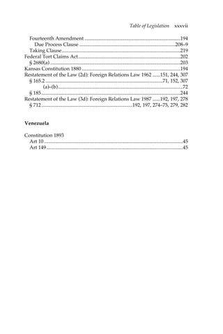 Table of Legislation xxxvii 
Fourteenth Amendment ............................................................................194 
Due Process Clause ............................................................................208–9 
Taking Clause..............................................................................................219 
Federal Tort Claims Act.................................................................................202 
§ 2680(a) .......................................................................................................203 
Kansas Constitution 1880 ..............................................................................194 
Restatement of the Law (2d): Foreign Relations Law 1962 ......151, 244, 307 
§ 165.2 .............................................................................................71, 152, 307 
(a)–(b)...................................................................................................72 
§ 185 ..............................................................................................................244 
Restatement of the Law (3d): Foreign Relations Law 1987 ......192, 197, 278 
§ 712 ........................................................................192, 197, 274–75, 279, 282 
Venezuela 
Constitution 1893 
Art 10 ..............................................................................................................45 
Art 149 ............................................................................................................45 
 