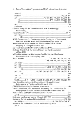 xl Table of International Agreements and Draft International Agreements 
Arts 1–2 ........................................................................................................247 
Protocol 1 .....................................................................................179, 234, 251 
Art 1 ........................................................78, 179, 186, 190, 205, 221, 244, 251 
(1)...................................................................179, 186, 190, 200, 215, 220 
(2)...................................................................................................179, 220 
Art 2 ..............................................................................................................246 
Protocols.......................................................................................................215 
General Treaty for the Renunciation of War 1928 (Kellogg– 
Briand Pact) ...............................................................................................50 
Havana Charter 1948..................................................................................68, 74 
Art 11(e)..........................................................................................................68 
(2) .......................................................................................................68 
ICSID Convention. See Convention on the Settlement of Investment 
Disputes between States and Nationals of Other States 1965 
International Convention for the Mutual Protection of Private 
Property in Foreign Countries 1957 .......................................................74 
Jay Treaty between the US and Great Britain 1794....................................139 
Kellogg–Briand Pact. See General Treaty for the Renunciation 
of War 1928 
MIGA Convention. See Convention Establishing the Multilateral 
Investment Guarantee Agency 1988 
NAFTA (1993) ........................................................138, 141, 156, 231, 242, 259, 
286, 289, 298, 310, 319, 340, 343 
Art 102(1) .....................................................................................................321 
Art 1102 ........................................................................................................335 
Art 1105 ....................................................151, 294, 309–10, 339–41, 344, 353 
(1) ....................................................................285, 308, 320, 328, 339 
Art 1110 ................................109, 242, 258, 260, 267, 272, 276, 286, 290, 319 
(1) ....................................................................................................286 
Art 1117 ........................................................................................................271 
Art 1139 ........................................................................................................246 
Ch 11.............1, 3, 141, 151, 160, 231, 251, 257, 276, 294, 318, 320, 328, 335 
New York Convention. See Convention on Recognition and 
Enforcement of Foreign Arbitral Awards 1958 
OECD Multilateral Agreement on Investment ..........................................103 
Porter Convention. See Convention Respecting the Limitation of the 
Employment of Force for the Recovery of Contract Debts 1907 
Rome Statute for the International Criminal Court...................................143 
Art III ............................................................................................................143 
Softwood Lumber Agreement (Canada-US) 1996 ....................................356 
Statute of the International Court of Justice .......................................152, 308 
Art 38(1)(c) ...............................................................152, 304, 307–8, 344, 372 
Statute of the Permanent Court of International Justice 
Art 38 ..............................................................................................................70 
 