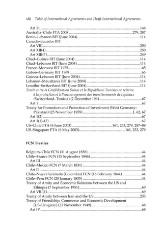 xlii Table of International Agreements and Draft International Agreements 
Art 11 ............................................................................................................146 
Australia–Chile FTA 2008 .....................................................................279, 287 
Benin–Lebanon BIT (June 2004)....................................................................114 
Canada–Ecuador BIT 
Art VIII .........................................................................................................250 
Art XII(4) ......................................................................................................250 
Art XIII(7).....................................................................................................249 
Chad–Guinea BIT (June 2004).......................................................................114 
Chad–Lebanon BIT (June 2004) ....................................................................114 
France–Morocco BIT 1975................................................................................65 
Gabon–Germany BIT 1969 ..............................................................................65 
Guinea–Lebanon BIT (June 2004).................................................................114 
Lebanon–Mauritania BIT (June 2004) ..........................................................114 
Lesotho–Switzerland BIT (June 2004)..........................................................114 
Traité entre la Confédération Suisse et la République Tunisienne relative 
à la protection et à l’encouragement des investissements de capitaux 
(Switzerland–Tunisia) (2 December 1961..............................................67 
Art 1 ................................................................................................................67 
Treaty for Promotion and Protection of Investment (West Germany– 
Pakistan) (25 November 1959) ......................................................1, 62, 67 
Art 1(2) ...........................................................................................................67 
Art 3(1)–(2).....................................................................................................67 
US–Chile FTA (6 June 2003) ............................................161, 233, 279, 287–88 
US–Singapore FTA (6 May 2003)..................................................161, 233, 279 
FCN Treaties 
Belgium–Chile FCN (31 August 1858)...........................................................44 
Chile–France FCN (15 September 1846)........................................................44 
Art III ..............................................................................................................44 
Chile–Mexico FCN (7 March 1831) ................................................................44 
Art II ...............................................................................................................44 
Chile–Nueva Granada (Colombia) FCN (16 February 1844) .....................44 
Chile–Peru FCN (20 January 1835) ................................................................44 
Treaty of Amity and Economic Relations between the US and 
Ethiopia (7 September 1951)....................................................................69 
Art VIII(1).......................................................................................................69 
Treaty of Amity between Iran and the US ..................................................233 
Treaty of Friendship, Commerce and Economic Development 
(US–Uruguay) (23 November 1949).......................................................68 
Art IV..............................................................................................................68 
 