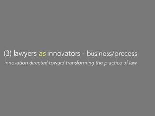 innovation directed toward transforming the practice of law
(3) lawyers as innovators - business/process
 