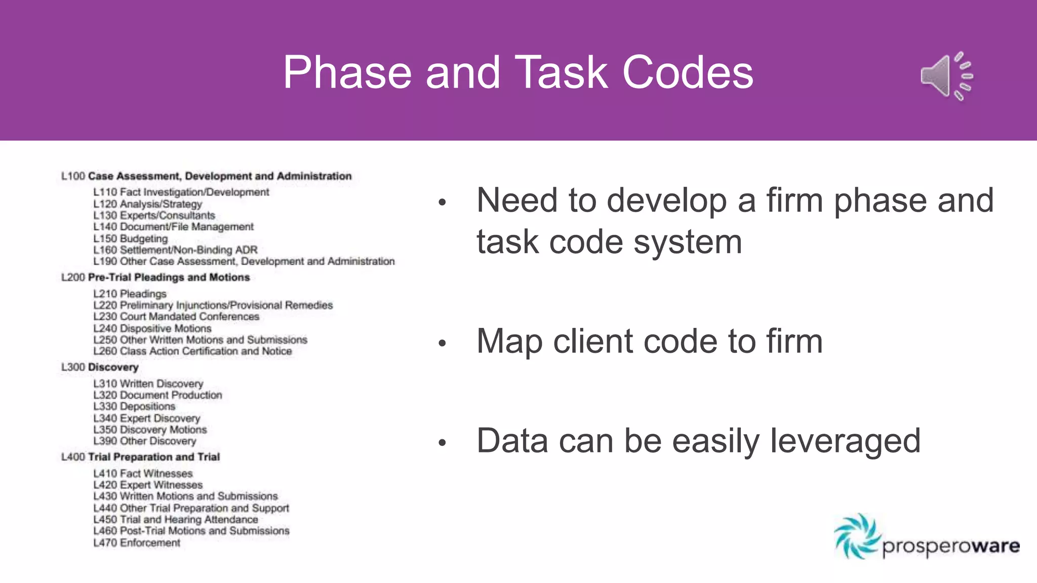 • Need to develop a firm phase and
task code system
• Map client code to firm
• Data can be easily leveraged
Phase and Task Codes
 