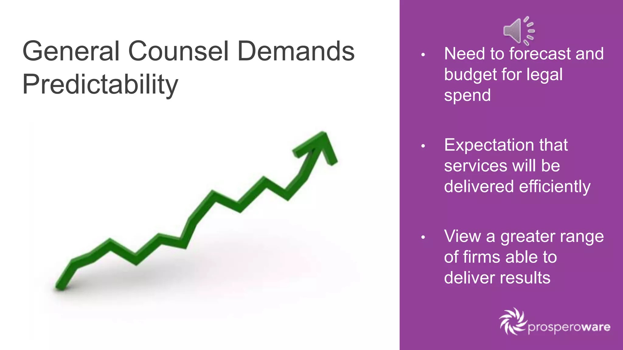 • Need to forecast and
budget for legal
spend
• Expectation that
services will be
delivered efficiently
• View a greater range
of firms able to
deliver results
General Counsel Demands
Predictability
 
