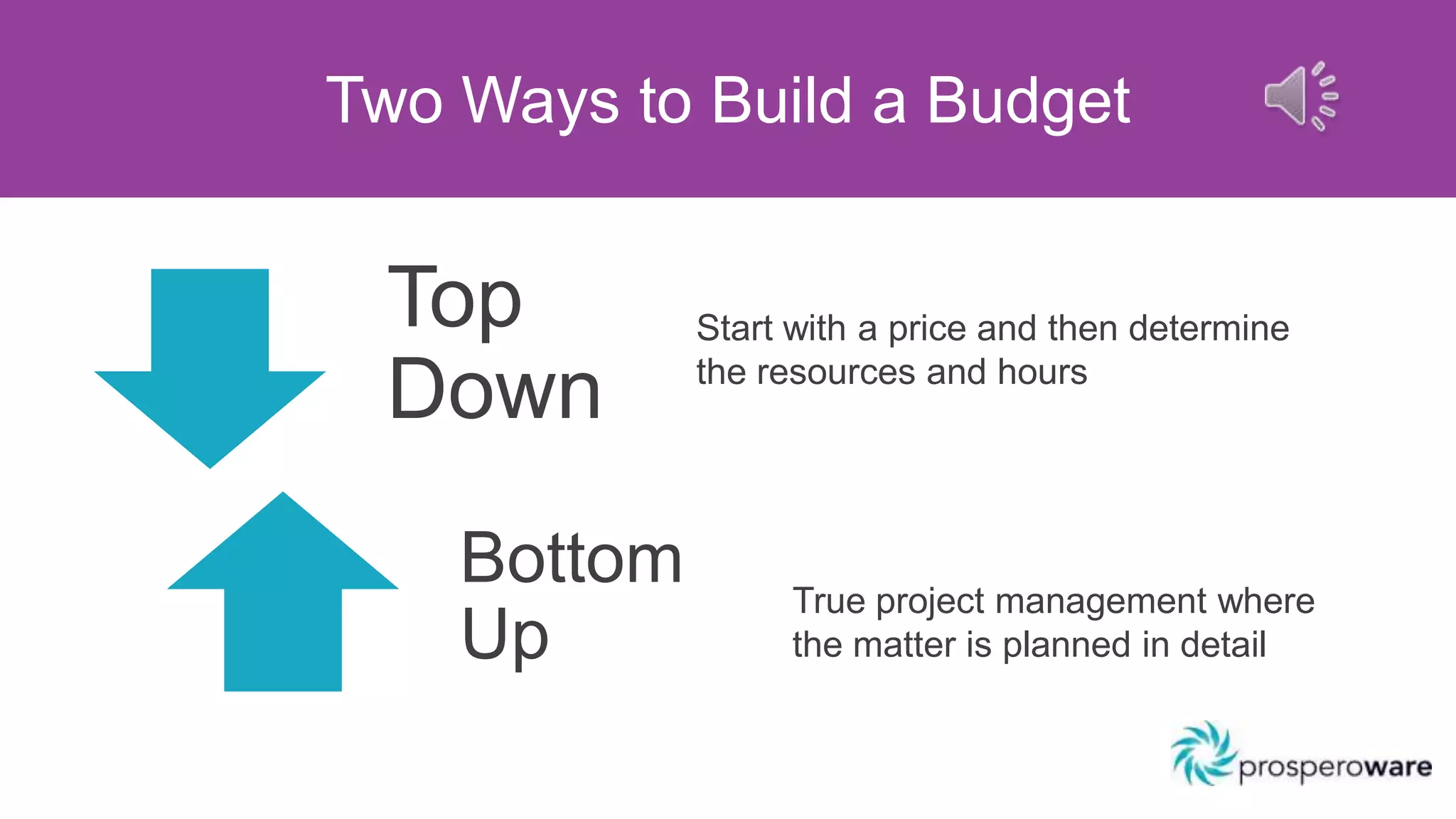 Start with a price and then determine
the resources and hours
Top
Down
Bottom
Up
True project management where
the matter is planned in detail
Two Ways to Build a Budget
 