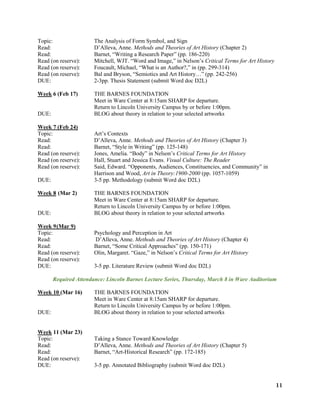 11
Topic: The Analysis of Form Symbol, and Sign
Read: D’Alleva, Anne. Methods and Theories of Art History (Chapter 2)
Read: Barnet, “Writing a Research Paper” (pp. 186-220)
Read (on reserve): Mitchell, WJT. “Word and Image,” in Nelson’s Critical Terms for Art History
Read (on reserve): Foucault, Michael, “What is an Author?,” in (pp. 299-314)
Read (on reserve): Bal and Bryson, “Semiotics and Art History…” (pp. 242-256)
DUE: 2-3pp. Thesis Statement (submit Word doc D2L)
Week 6 (Feb 17) THE BARNES FOUNDATION
Meet in Ware Center at 8:15am SHARP for departure.
Return to Lincoln University Campus by or before 1:00pm.
DUE: BLOG about theory in relation to your selected artworks
Week 7 (Feb 24)
Topic: Art’s Contexts
Read: D’Alleva, Anne. Methods and Theories of Art History (Chapter 3)
Read: Barnet, “Style in Writing” (pp. 125-148)
Read (on reserve): Jones, Amelia. “Body” in Nelson’s Critical Terms for Art History
Read (on reserve): Hall, Stuart and Jessica Evans. Visual Culture: The Reader
Read (on reserve): Said, Edward. “Opponents, Audiences, Constituencies, and Community” in
Harrison and Wood, Art in Theory:1900-2000 (pp. 1057-1059)
DUE: 3-5 pp. Methodology (submit Word doc D2L)
Week 8 (Mar 2) THE BARNES FOUNDATION
Meet in Ware Center at 8:15am SHARP for departure.
Return to Lincoln University Campus by or before 1:00pm.
DUE: BLOG about theory in relation to your selected artworks
Week 9(Mar 9)
Topic: Psychology and Perception in Art
Read: D’Alleva, Anne. Methods and Theories of Art History (Chapter 4)
Read: Barnet, “Some Critical Approaches” (pp. 150-171)
Read (on reserve): Olin, Margaret. “Gaze,” in Nelson’s Critical Terms for Art History
Read (on reserve):
DUE: 3-5 pp. Literature Review (submit Word doc D2L)
Required Attendance: Lincoln Barnes Lecture Series, Thursday, March 8 in Ware Auditorium
Week 10 (Mar 16) THE BARNES FOUNDATION
Meet in Ware Center at 8:15am SHARP for departure.
Return to Lincoln University Campus by or before 1:00pm.
DUE: BLOG about theory in relation to your selected artworks
Week 11 (Mar 23)
Topic: Taking a Stance Toward Knowledge
Read: D’Alleva, Anne. Methods and Theories of Art History (Chapter 5)
Read: Barnet, “Art-Historical Research” (pp. 172-185)
Read (on reserve):
DUE: 3-5 pp. Annotated Bibliography (submit Word doc D2L)
 