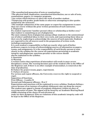 20
! The unauthorized possession of tests or examinations.
! The physical theft, duplication, unauthorized distribution, use or sale of tests,
examinations, papers, or computer programs.
! Any action which destroys or alters the work of another student.
! Tampering with grades, grade books or otherwise attempting to alter grades
assigned by the instructor.
! The multiple submission of the same paper or report for assignments in more
than one course without the prior written permission of each instructor.
2. Plagiarism
If a student represents “another person's ideas or scholarship as his/her own,”
that student is committing an act of plagiarism.
The most common form of plagiarism among college students is the unintentional
use of others' published ideas in their own work, and representing these ideas as
their own by neglecting to acknowledge the sources of such materials. Students
are expected to cite all sources used in the preparation of written work,
including examinations.
It is each student's responsibility to find out exactly what each of his/her
professors expects in terms of acknowledging sources of information on papers,
exams, and assignments. It is the responsibility of each faculty person to state
clearly in the syllabus for the course all expectations pertaining to academic
integrity and plagiarism. sanctions peculiar to the course should
also be explained in the syllabus.
3. Sanctions
A: Warning
A written notice that repetitions of misconduct will result in more severe
disciplinary action. The warning becomes part of the student's file in the Office of
the Registrar and, if there is no other example of misconduct, is removed at the
time of graduation.
B: Failure for project (exam, paper, experiment).
C: Failure of course.
For serious and repeat offenses, the University reserves the right to suspend or
expel.
Imposition of Sanctions
First Offense - A and/or B
Second and Subsequent offenses - B or C
Expectations and sanctions will be explained in every syllabus. Students failing a
course because of an instance of academic dishonesty may not drop the course.
The student may appeal a charge of academic dishonesty within ten days of
receiving notice of same. The appeal will be heard by an Academic Hearing Board
(AHB) consisting of the chairs of each division of
study (or their designees). Files on violations of this academic integrity code will
be kept in the Office of the Registrar.
 