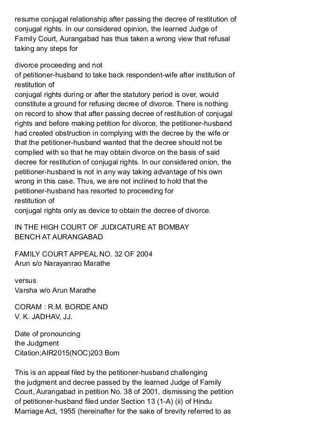 restitution of conjugal rights It analyses provisions relating to restitution of conjugal rights and judicial separation one reply to “matrimonial causes under special marriage act. restitution of conjugal rights It analyses provisions relating to restitution of conjugal rights and judicial separation one reply to “matrimonial causes under special marriage act.