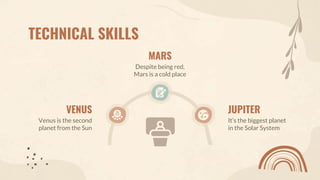 TECHNICAL SKILLS
Venus is the second
planet from the Sun
VENUS
Despite being red,
Mars is a cold place
MARS
It’s the biggest planet
in the Solar System
JUPITER
 