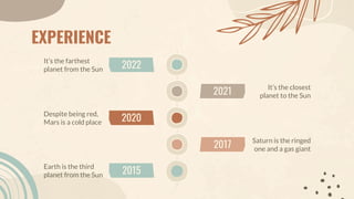 EXPERIENCE
It’s the closest
planet to the Sun
2021
Despite being red,
Mars is a cold place 2020
Saturn is the ringed
one and a gas giant
2017
It’s the farthest
planet from the Sun 2022
Earth is the third
planet from the Sun 2015
 