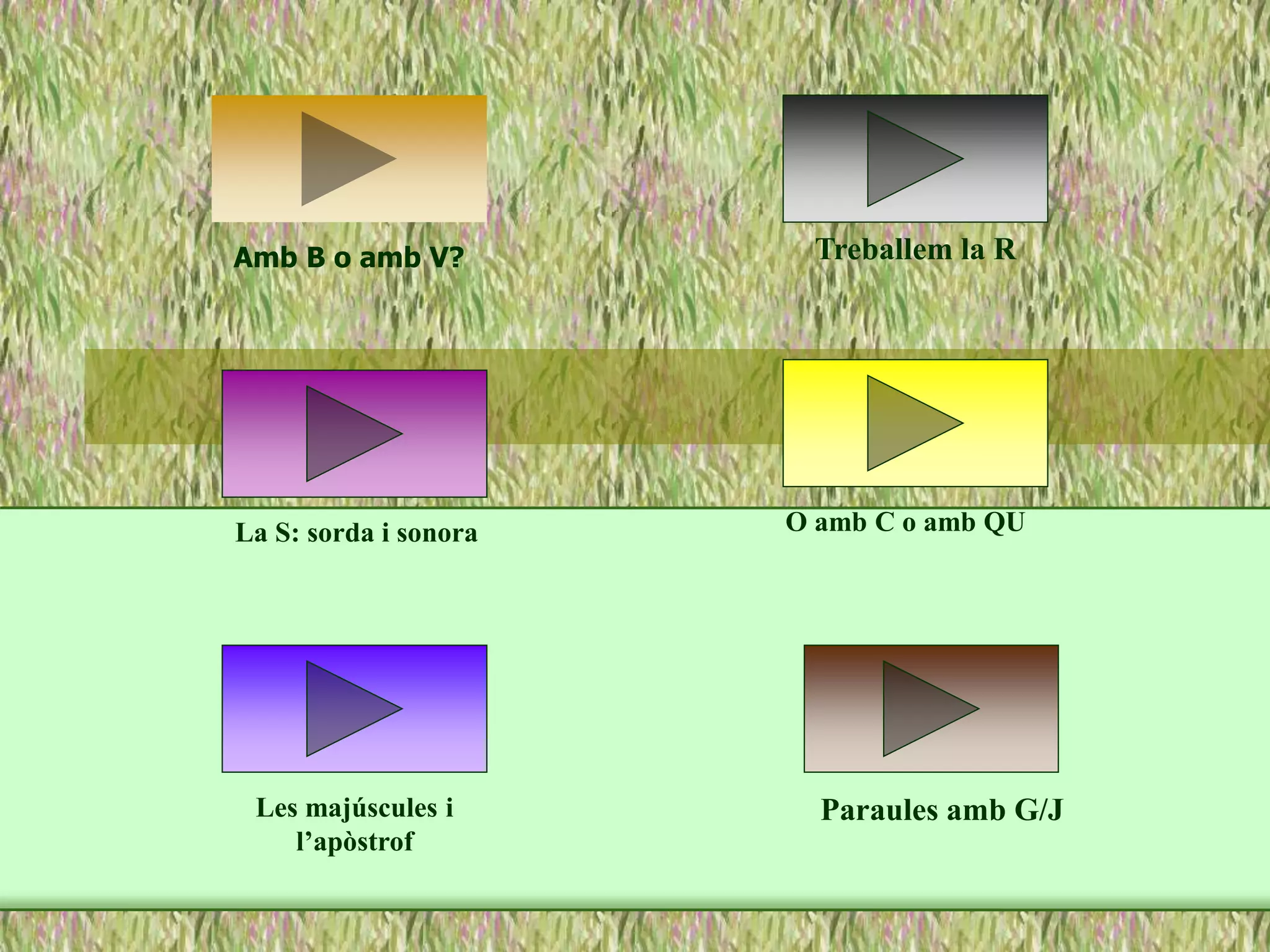 O amb C o amb QU
La S: sorda i sonora
Les majúscules i
l’apòstrof
Treballem la R
Paraules amb G/J
Amb B o amb V?
 