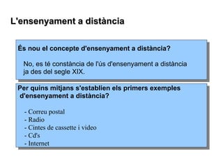 L'ensenyament a distànciaL'ensenyament a distància
És nou el concepte d'ensenyament a distància?
No, es té constància de l'ús d'ensenyament a distància
ja des del segle XIX.
Per quins mitjans s'establien els primers exemples
d'ensenyament a distància?
- Correu postal
- Radio
- Cintes de cassette i video
- Cd's
- Internet
 