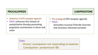 Uses::
Chronic constipation not responding to laxatives
Constipation- predominant IBS
• Selective 5-HT4 receptor agonist
• MOA: enhances the release of
acetylcholine thereby promoting
propulsive contractions in ileum and
colon
• PG analogue( EP4 receptor agonist)
• MOA:
stimulates mucosal Chloride channels
and increases intestinal secretion
PRUCALOPRIDE LUBIPROSTONE
 