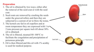 Preparation
1. The oil is obtained by two ways; either after
the removal of the seed coat or with the seed
coat.
2. Seed coats are removed by crushing the seeds
under the grooved rollers and then they are
subjected to a current of air to blow the testas.
3. The kernels are fed in oil expellers and at
room temperature they are expressed with 1 to
2 tons pressure per square inch till about 30%
oil is obtained.
4. The oil is filtered, steamed 80–100°C to
facilitate the coagulation and precipitation of
poisonous principle
5. Oil is then filtered and this oil with 1% acidity
is used for medical purpose.
 