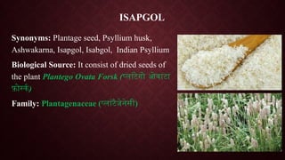 ISAPGOL
Synonyms: Plantage seed, Psyllium husk,
Ashwakarna, Isapgol, Isabgol, Indian Psyllium
Biological Source: It consist of dried seeds of
the plant Plantego Ovata Forsk (प्लांटेगो ओवाटा
फ़ोर्स्क)
Family: Plantagenaceae (प्लांटैजेनेसी)
 
