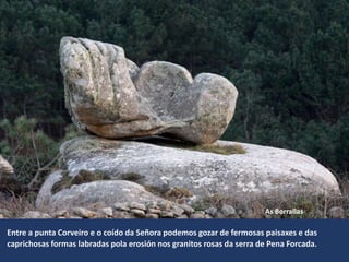 As Borrallas
Entre a punta Corveiro e o coído da Señora podemos gozar de fermosas paisaxes e das
caprichosas formas labradas pola erosión nos granitos rosas da serra de Pena Forcada.
 