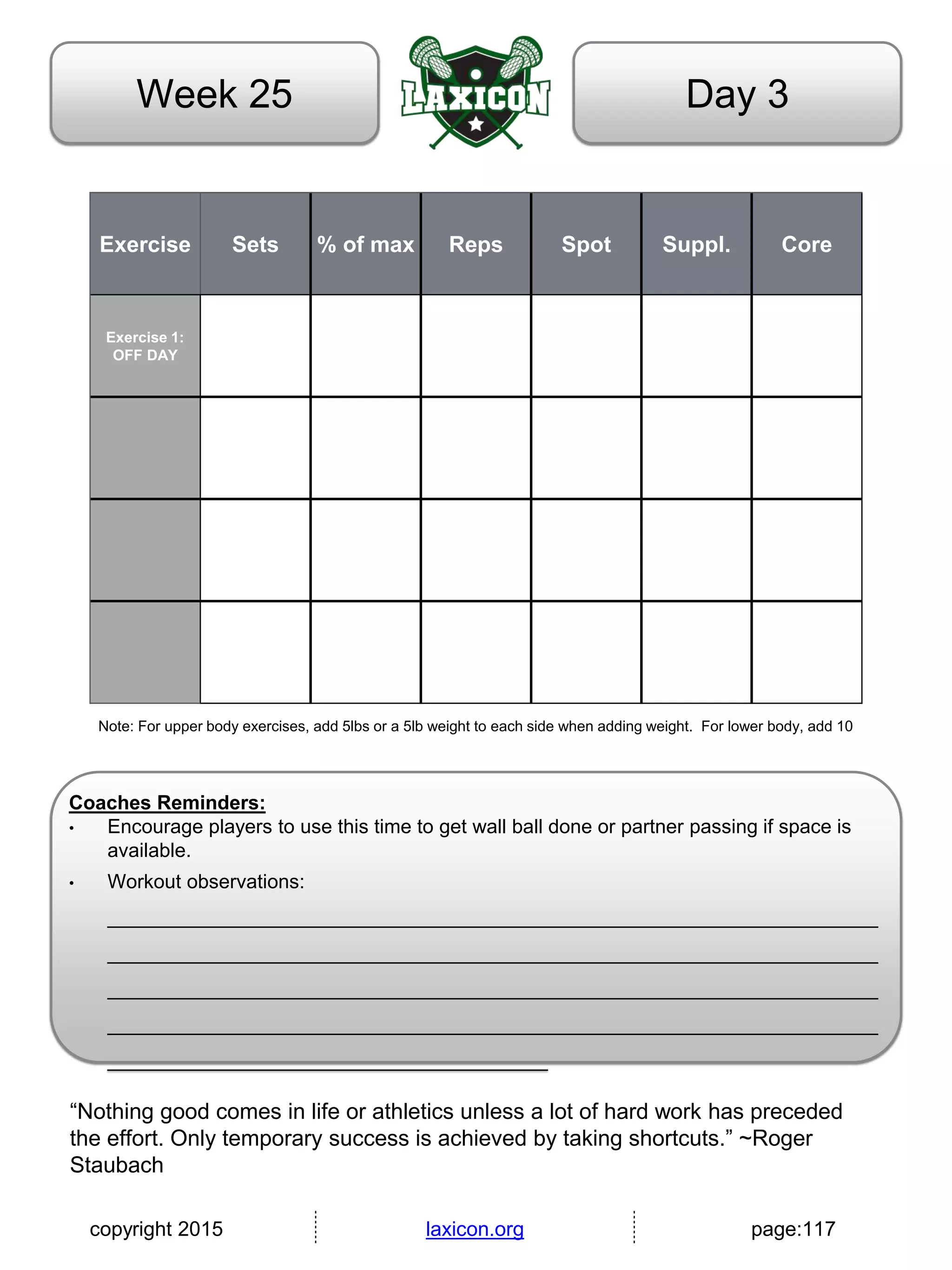 copyright 2015 laxicon.org page:117
Day 3Week 25
Exercise Sets % of max Reps Spot Suppl. Core
Exercise 1:
OFF DAY
Note: For upper body exercises, add 5lbs or a 5lb weight to each side when adding weight. For lower body, add 10
Coaches Reminders:
• Encourage players to use this time to get wall ball done or partner passing if space is
available.
• Workout observations:
______________________________________________________________________
______________________________________________________________________
______________________________________________________________________
______________________________________________________________________
________________________________________
“Nothing good comes in life or athletics unless a lot of hard work has preceded
the effort. Only temporary success is achieved by taking shortcuts.” ~Roger
Staubach
 