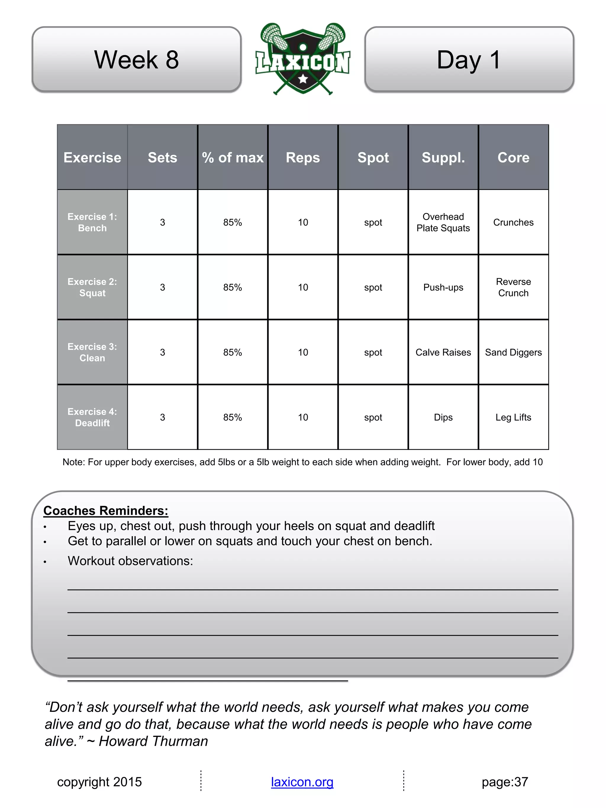 copyright 2015 laxicon.org page:37
Day 1Week 8
Exercise Sets % of max Reps Spot Suppl. Core
Exercise 1:
Bench
3 85% 10 spot
Overhead
Plate Squats
Crunches
Exercise 2:
Squat
3 85% 10 spot Push-ups
Reverse
Crunch
Exercise 3:
Clean
3 85% 10 spot Calve Raises Sand Diggers
Exercise 4:
Deadlift
3 85% 10 spot Dips Leg Lifts
Note: For upper body exercises, add 5lbs or a 5lb weight to each side when adding weight. For lower body, add 10
Coaches Reminders:
• Eyes up, chest out, push through your heels on squat and deadlift
• Get to parallel or lower on squats and touch your chest on bench.
• Workout observations:
______________________________________________________________________
______________________________________________________________________
______________________________________________________________________
______________________________________________________________________
________________________________________
“Don’t ask yourself what the world needs, ask yourself what makes you come
alive and go do that, because what the world needs is people who have come
alive.” ~ Howard Thurman
 