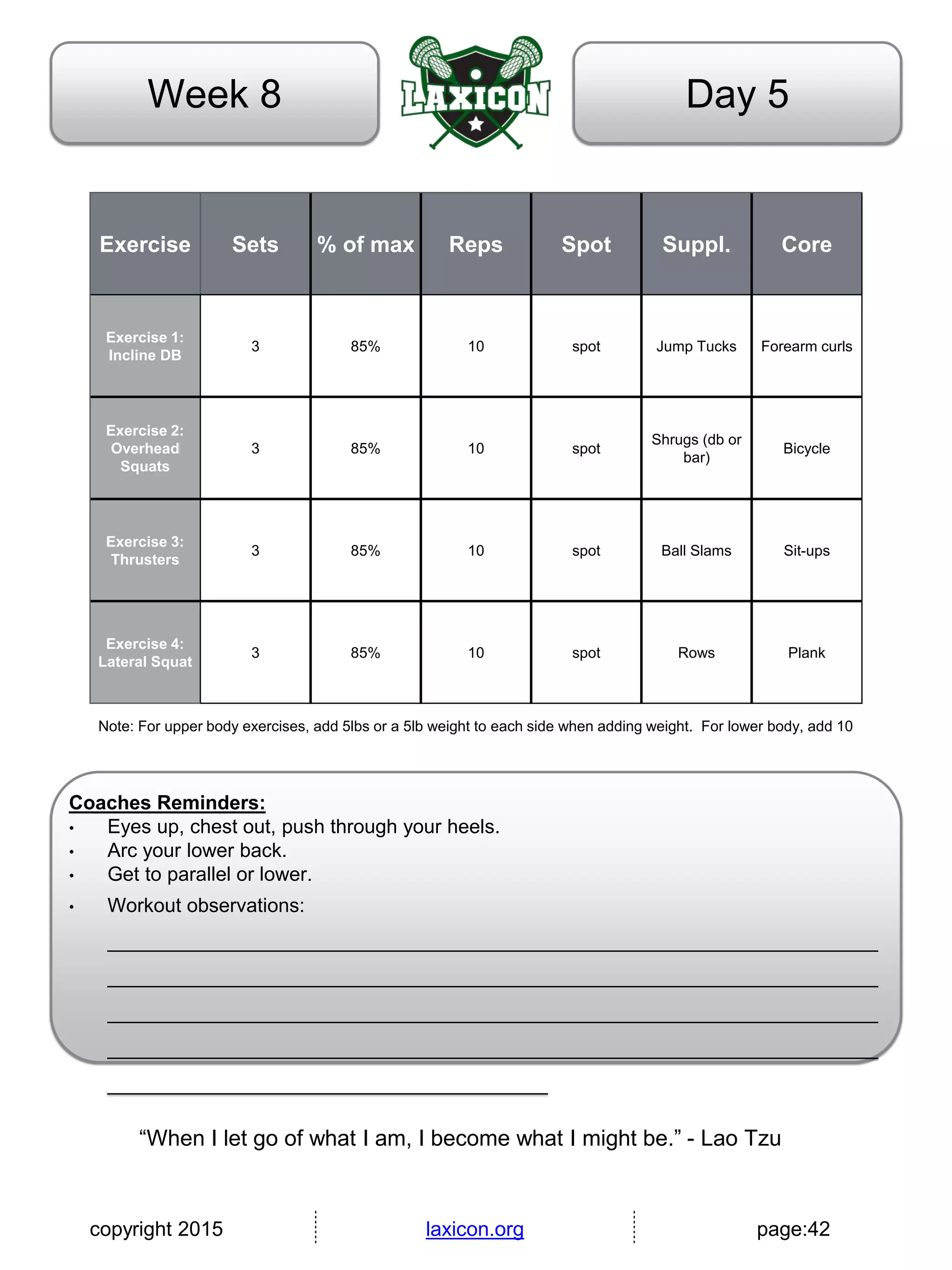 copyright 2015 laxicon.org page:42
Day 5Week 8
Exercise Sets % of max Reps Spot Suppl. Core
Exercise 1:
Incline DB
3 85% 10 spot Jump Tucks Forearm curls
Exercise 2:
Overhead
Squats
3 85% 10 spot
Shrugs (db or
bar)
Bicycle
Exercise 3:
Thrusters
3 85% 10 spot Ball Slams Sit-ups
Exercise 4:
Lateral Squat
3 85% 10 spot Rows Plank
Note: For upper body exercises, add 5lbs or a 5lb weight to each side when adding weight. For lower body, add 10
Coaches Reminders:
• Eyes up, chest out, push through your heels.
• Arc your lower back.
• Get to parallel or lower.
• Workout observations:
______________________________________________________________________
______________________________________________________________________
______________________________________________________________________
______________________________________________________________________
________________________________________
“When I let go of what I am, I become what I might be.” - Lao Tzu
 
