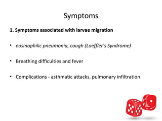 Symptoms
1. Symptoms associated with larvae migration

• eosinophilic pneumonia, cough (Loeffler's Syndrome)

• Breathing difficulties and fever

• Complications - asthmatic attacks, pulmonary infiltration 
 