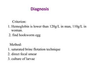 Diagnosis

       Criterion:
    1. Hemoglobin is lower than 120g/L in man, 110g/L in
       woman.
    2. find hookworm egg

     Method:
 
    1. saturated brine flotation technique
    2. direct fecal smear
    3. culture of larvae
 