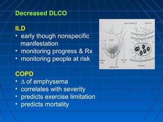 Decreased DLCO
ILD
• early though nonspecific
manifestation
• monitoring progress & Rx
• monitoring people at risk
COPD
• ∆ of emphysema
• correlates with severity
• predicts exercise limitation
• predicts mortality
 
