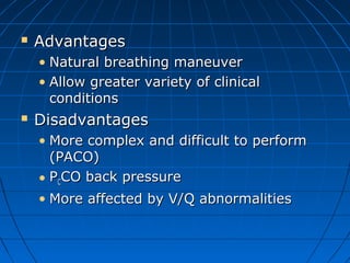  AdvantagesAdvantages
• Natural breathing maneuverNatural breathing maneuver
• Allow greater variety of clinicalAllow greater variety of clinical
conditionsconditions
 DisadvantagesDisadvantages
• More complex and difficult to performMore complex and difficult to perform
(PACO)(PACO)
• PPCCCO back pressureCO back pressure
• More affected by V/Q abnormalitiesMore affected by V/Q abnormalities
 