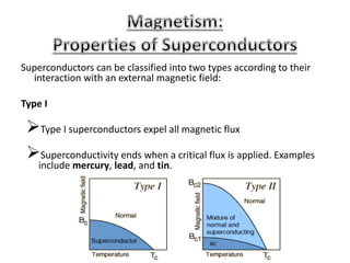 Superconductors can be classified into two types according to their
interaction with an external magnetic field:
Type I
Type I superconductors expel all magnetic flux
Superconductivity ends when a critical flux is applied. Examples
include mercury, lead, and tin.
 