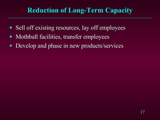 Reduction of Long-Term Capacity Sell off existing resources, lay off employees Mothball facilities, transfer employees Develop and phase in new products/services 