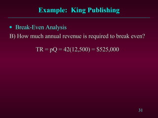 Example:  King Publishing Break-Even Analysis B) How much annual revenue is required to break even?   TR = pQ = 42(12,500) = $525,000 
