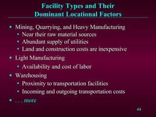 Facility Types and Their Dominant Locational Factors Mining, Quarrying, and Heavy Manufacturing Near their raw material sources Abundant supply of utilities Land and construction costs are inexpensive Light Manufacturing Availability and cost of labor Warehousing Proximity to transportation facilities Incoming and outgoing transportation costs . . . more 