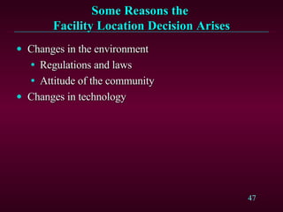 Some Reasons the  Facility Location Decision Arises Changes in the environment Regulations and laws Attitude of the community Changes in technology 
