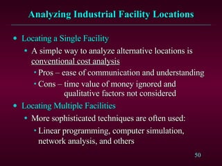 Analyzing Industrial Facility Locations Locating a Single Facility A simple way to analyze alternative locations is  conventional cost analysis Pros – ease of communication and understanding Cons – time value of money ignored and      qualitative factors not considered Locating Multiple Facilities More sophisticated techniques are often used: Linear programming, computer simulation, network analysis, and others 