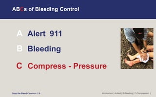 ABCs of Bleeding Control
A Alert 911
B Bleeding
C Compress - Pressure
Introduction | A-Alert | B-Bleeding | C-Compression |
Stop the Bleed Course v. 2.0
 