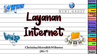 Layanan
Internet
E-mail
Mailing
List
www
E-Commerce
E-Banking
Chatting
Telnet
VOIP
IRC
FTP
Newsgroups
Gopher
ChristinaMeredithWibowo
(9G-7)
 