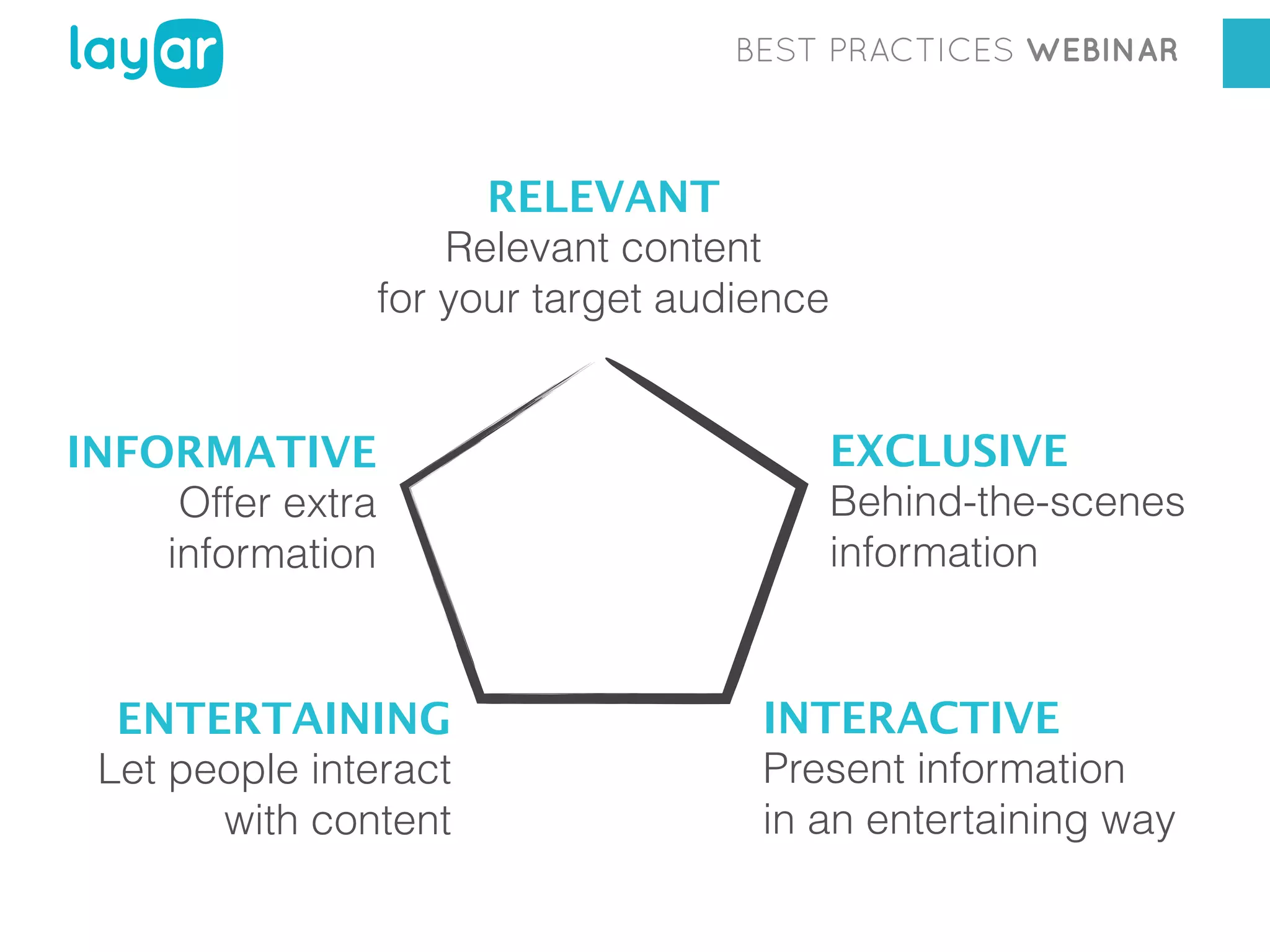 BEST PRACTICES WEBINAR

RELEVANT
Relevant content
for your target audience
INFORMATIVE
Offer extra
information

ENTERTAINING
Let people interact
with content

EXCLUSIVE
Behind-the-scenes
information

INTERACTIVE
Present information
in an entertaining way

 
