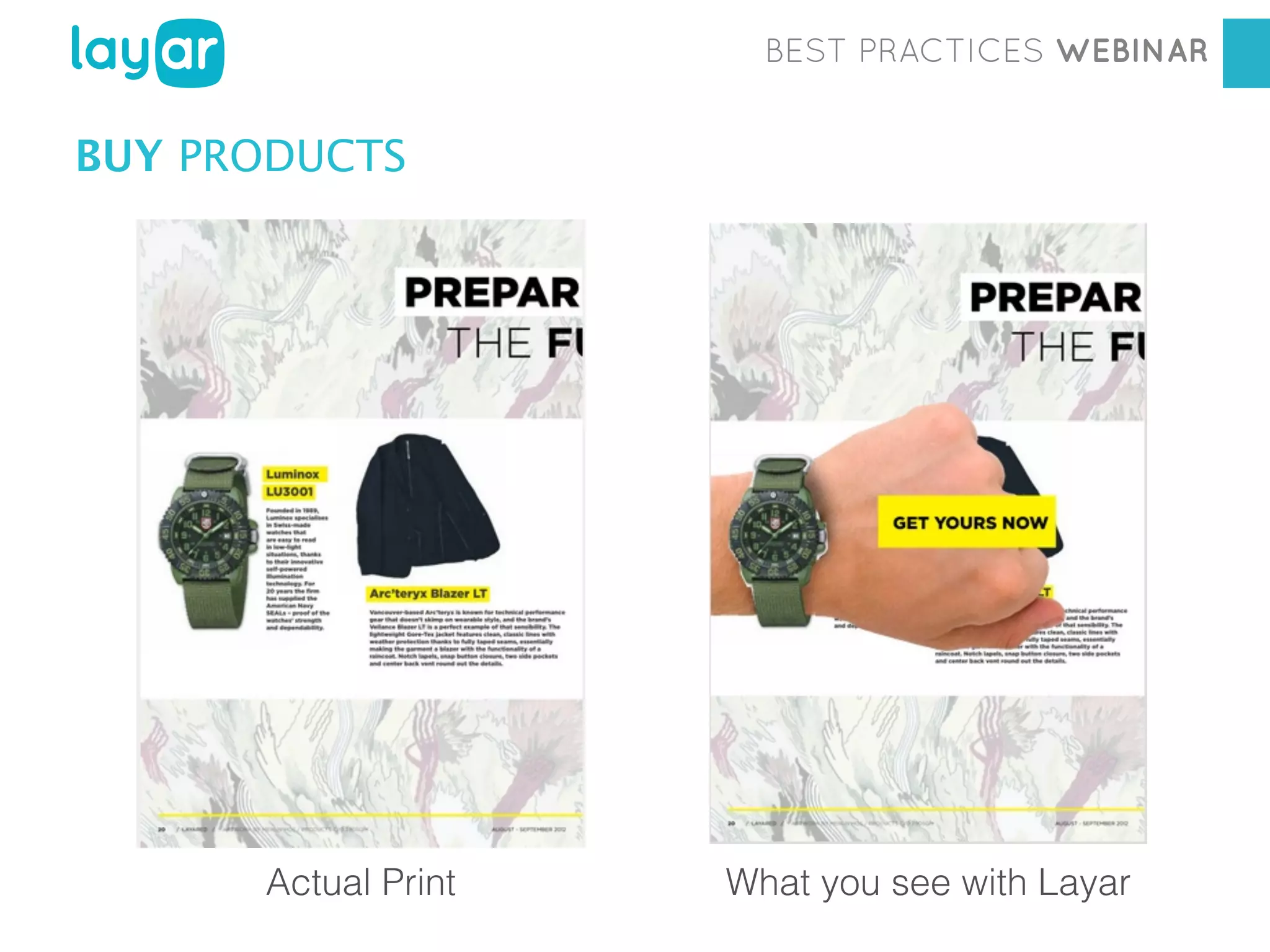 BEST PRACTICES WEBINAR

BUY PRODUCTS

Actual Print

Georgia Diaconescu
Interactive Printwith Layar
Consultant
What you see

 