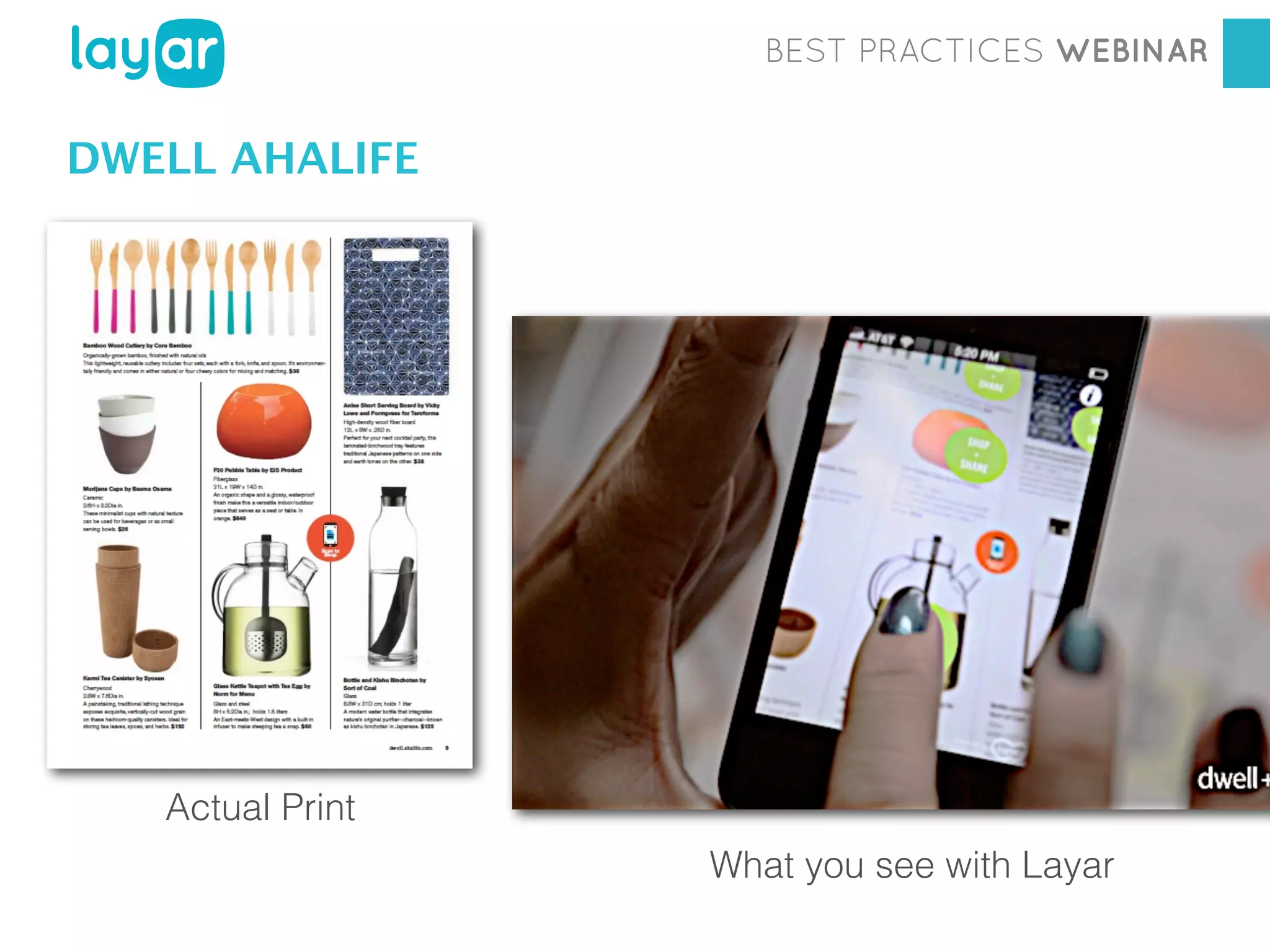 BEST PRACTICES WEBINAR

DWELL AHALIFE

Workshop
Actual Print

Georgia Diaconescu
Interactive Print Consultant
What you see with Layar

 