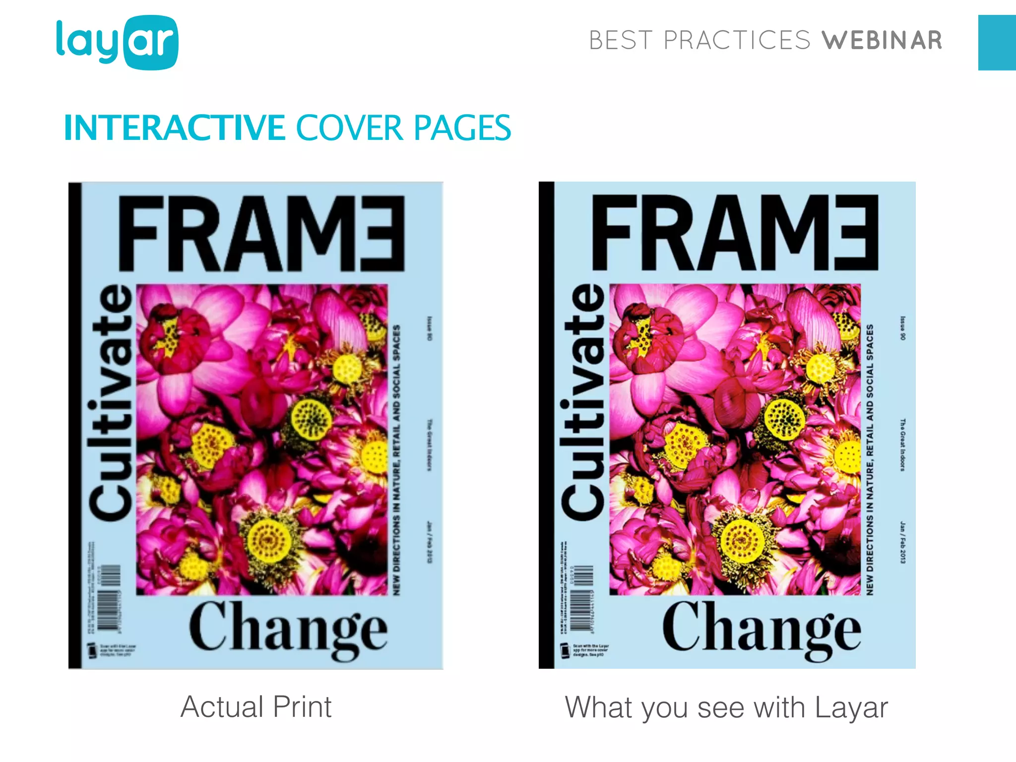 BEST PRACTICES WEBINAR

INTERACTIVE COVER PAGES

Actual Print

What you see with Layar

 