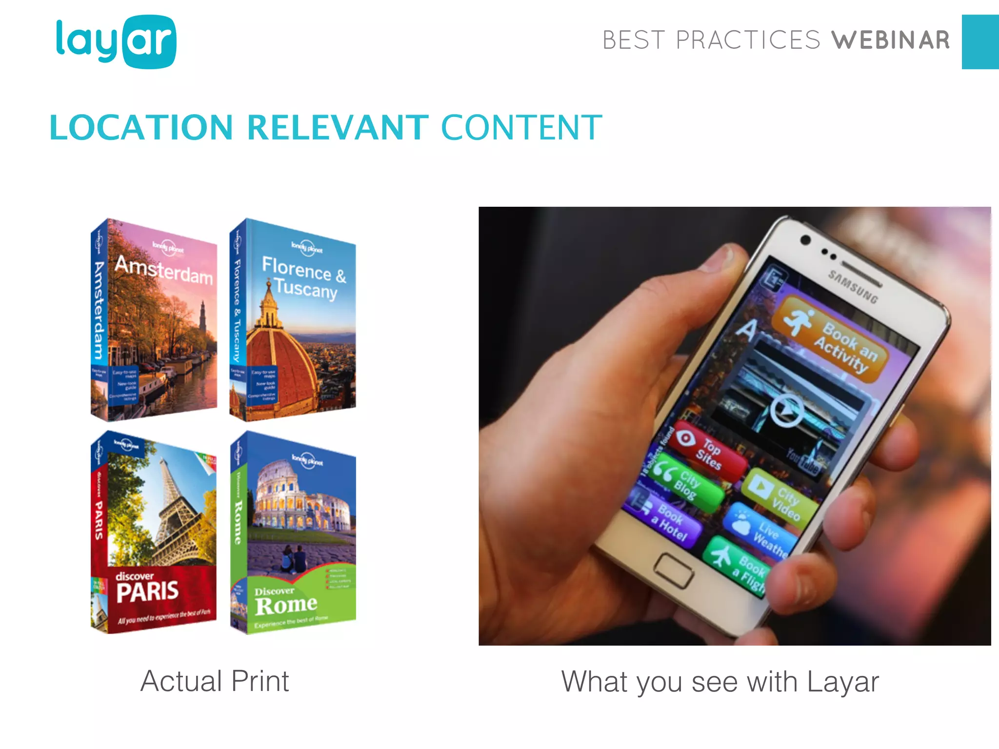 BEST PRACTICES WEBINAR

LOCATION RELEVANT CONTENT

Workshop
Actual Print

Georgia Diaconescu
Interactive Print Consultant
What you see with Layar

 